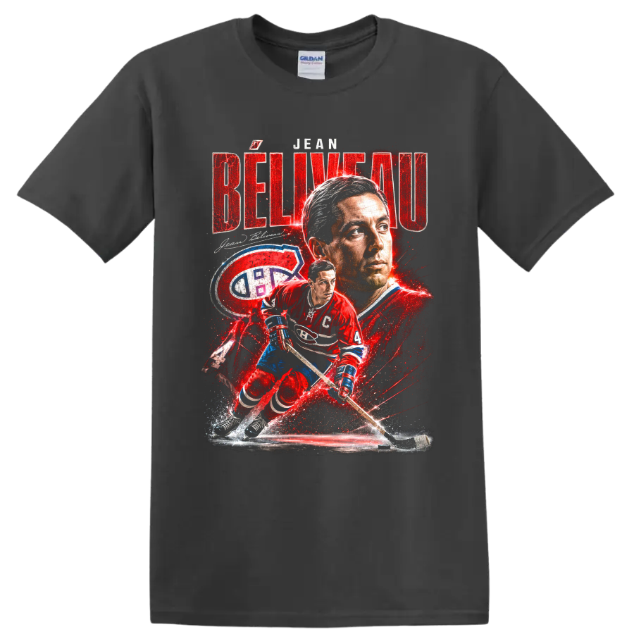 Jean Béliveau Montreal Canadiens hockey portrait and number 4 action graphic print on a Charcoal T Shirt