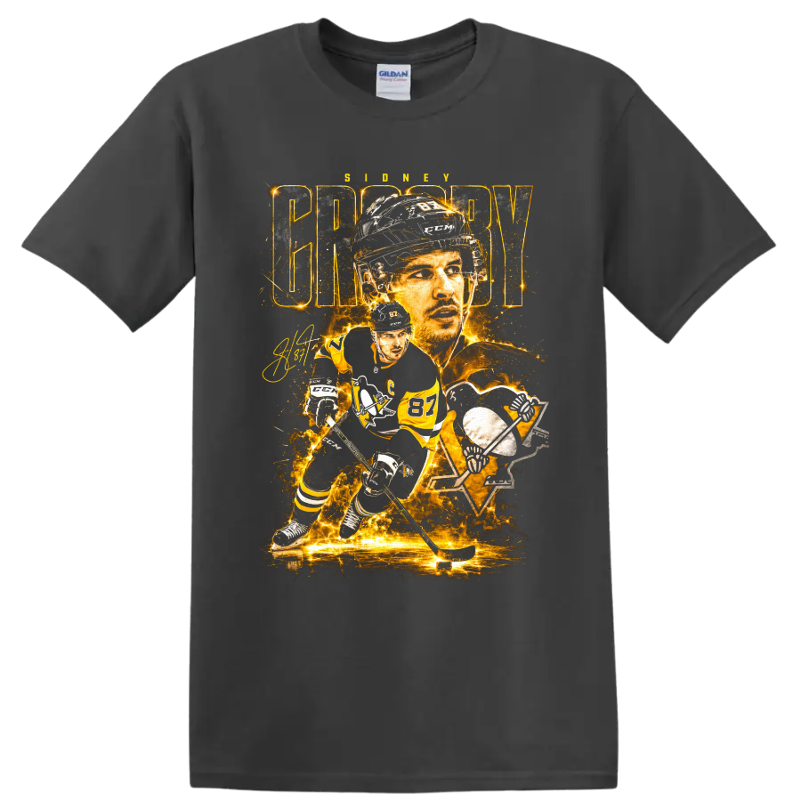 Sidney Crosby Penguins number 87 hockey portrait and action graphic print on a Charcoal T Shirt
