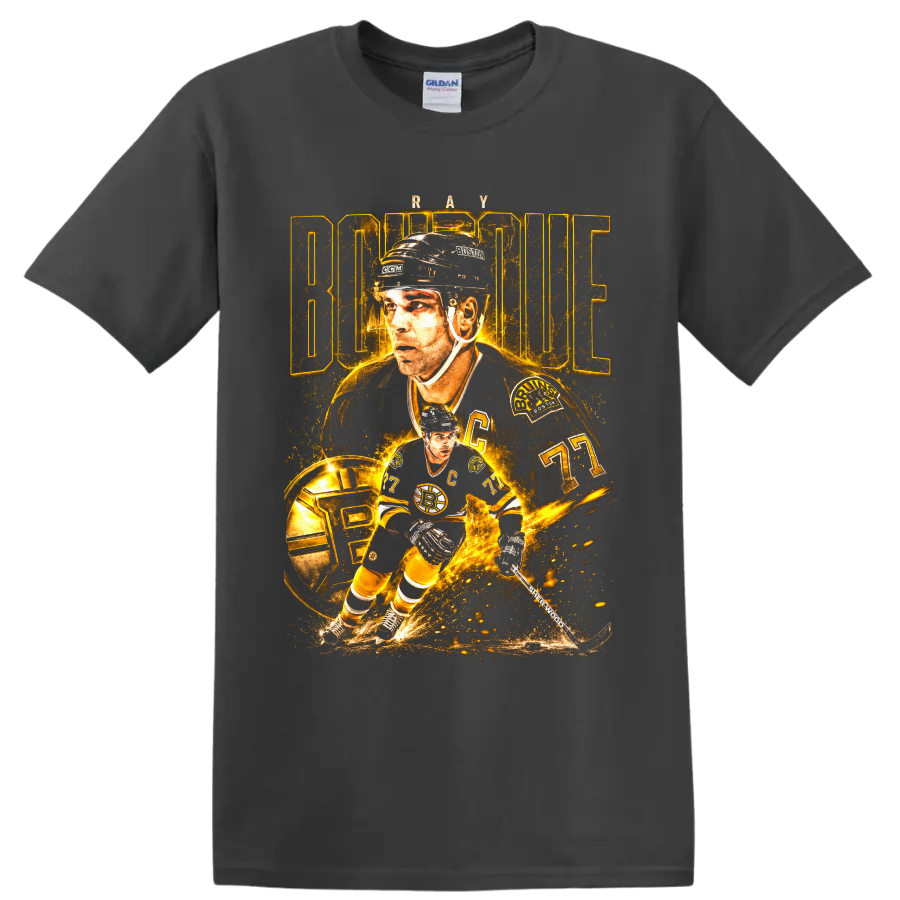 Ray Bourque Boston Bruins captain 77 hockey collage in glowing vintage gold on a Charcoal T Shirt