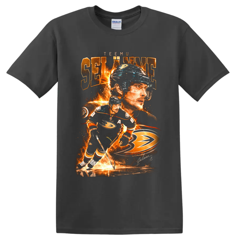Teemu Selanne Anaheim Ducks fiery hockey action collage with signature on a Charcoal T Shirt