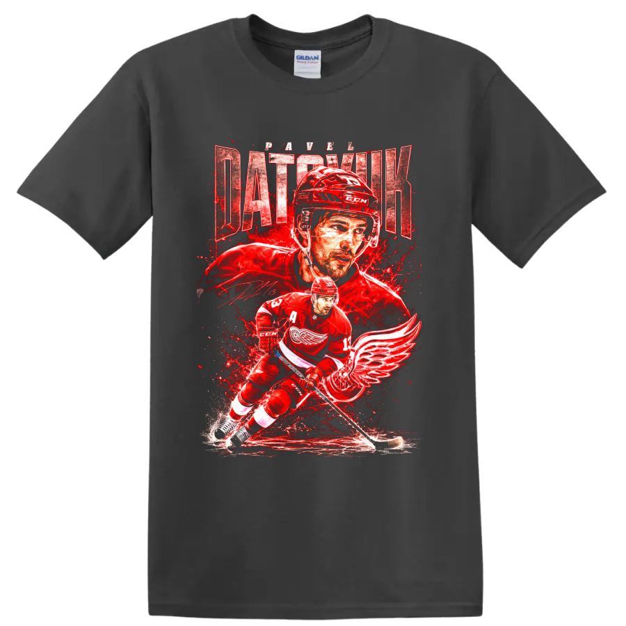 Pavel Datsyuk Detroit Red Wings hockey action graphic with distressed name lettering on a Charcoal T Shirt