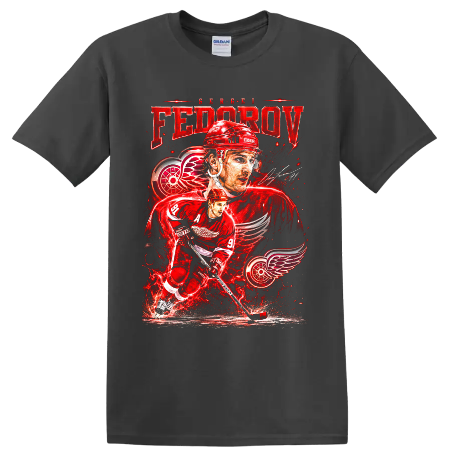 Sergei Fedorov Detroit Red Wings hockey portrait and skating action graphic on a Charcoal T Shirt
