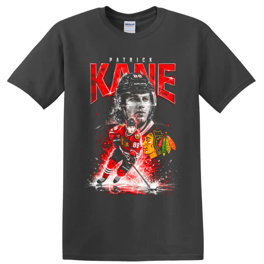 Patrick Kane number 88 Chicago hockey portrait and skating action graphic on a Charcoal T Shirt