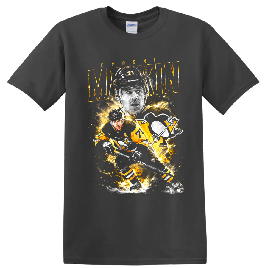 Evgeni Malkin Pittsburgh Penguins number 71 hockey player collage graphic on a Charcoal T Shirt