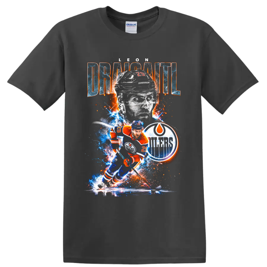 Leon Draisaitl Edmonton Oilers action portrait with electric ice and fiery spark artwork on a Charcoal T Shirt