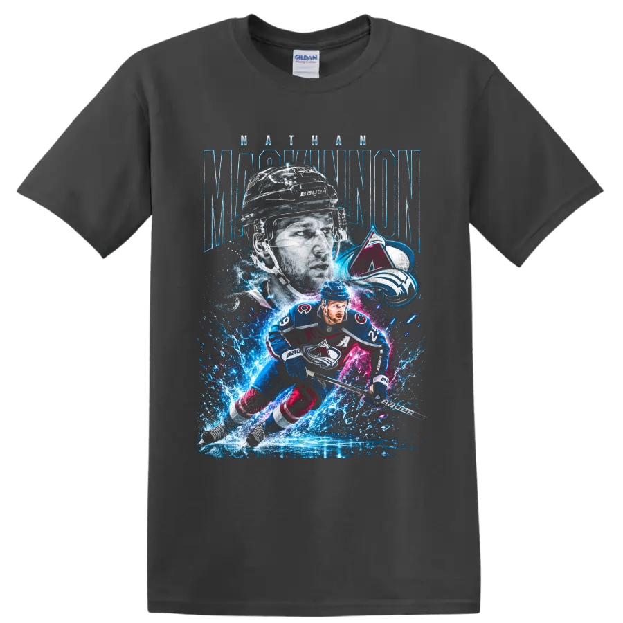 Nathan MacKinnon Colorado Avalanche hockey player graphic with icy neon action art on a Charcoal T Shirt