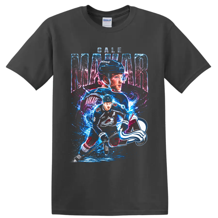 Cale Makar Colorado Avalanche number 8 hockey graphic with electric ice effects on a Charcoal T Shirt