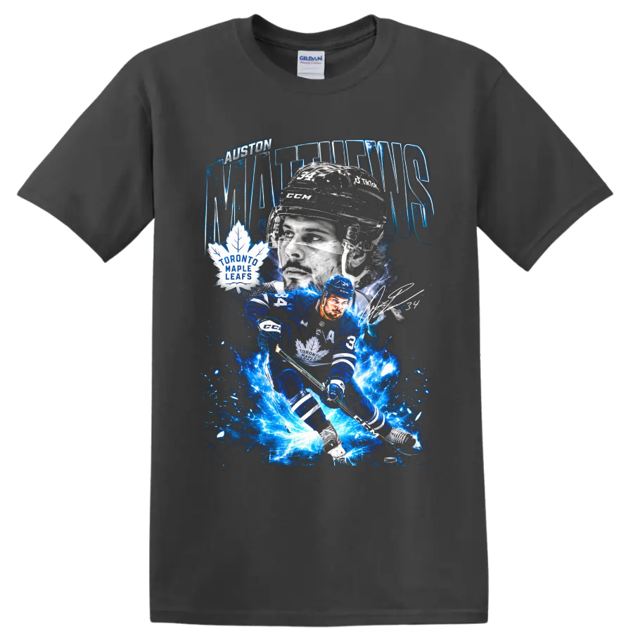 Auston Matthews Toronto Maple Leafs electric blue hockey action graphic on a Charcoal T Shirt