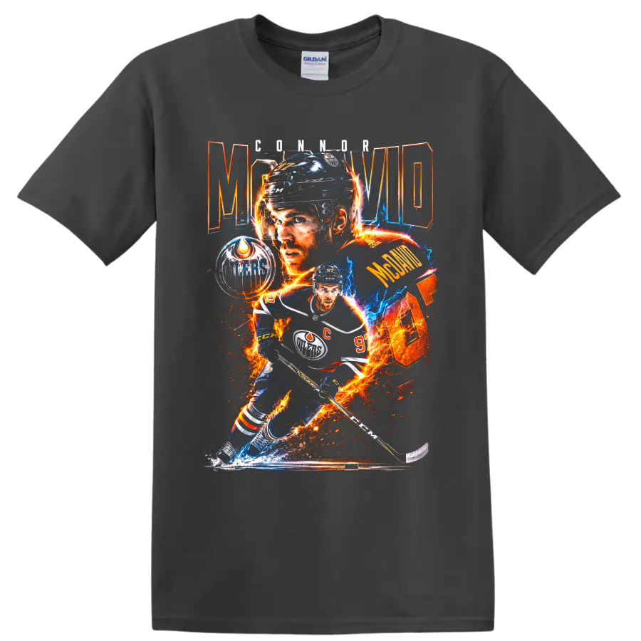 Connor McDavid Edmonton Oilers hockey collage with fiery electric graphic effects on a Charcoal T Shirt