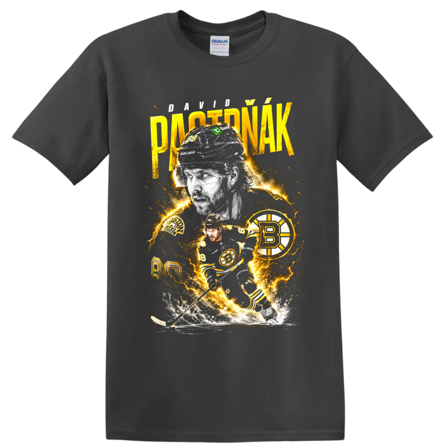 David Pastrnak No. 88 Boston Bruins hockey collage with electric gold lightning on a Charcoal T Shirt