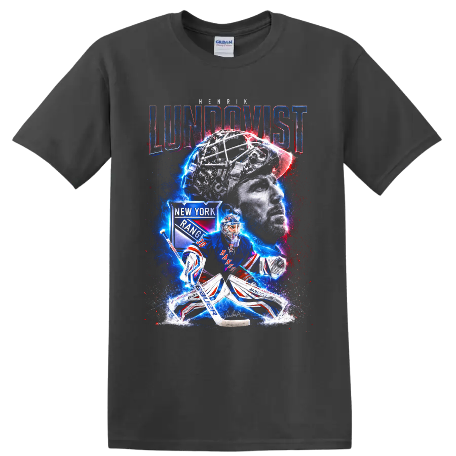 Henrik Lundqvist Rangers goalie collage with portrait, mask, and electric hockey artwork on a Charcoal T Shirt