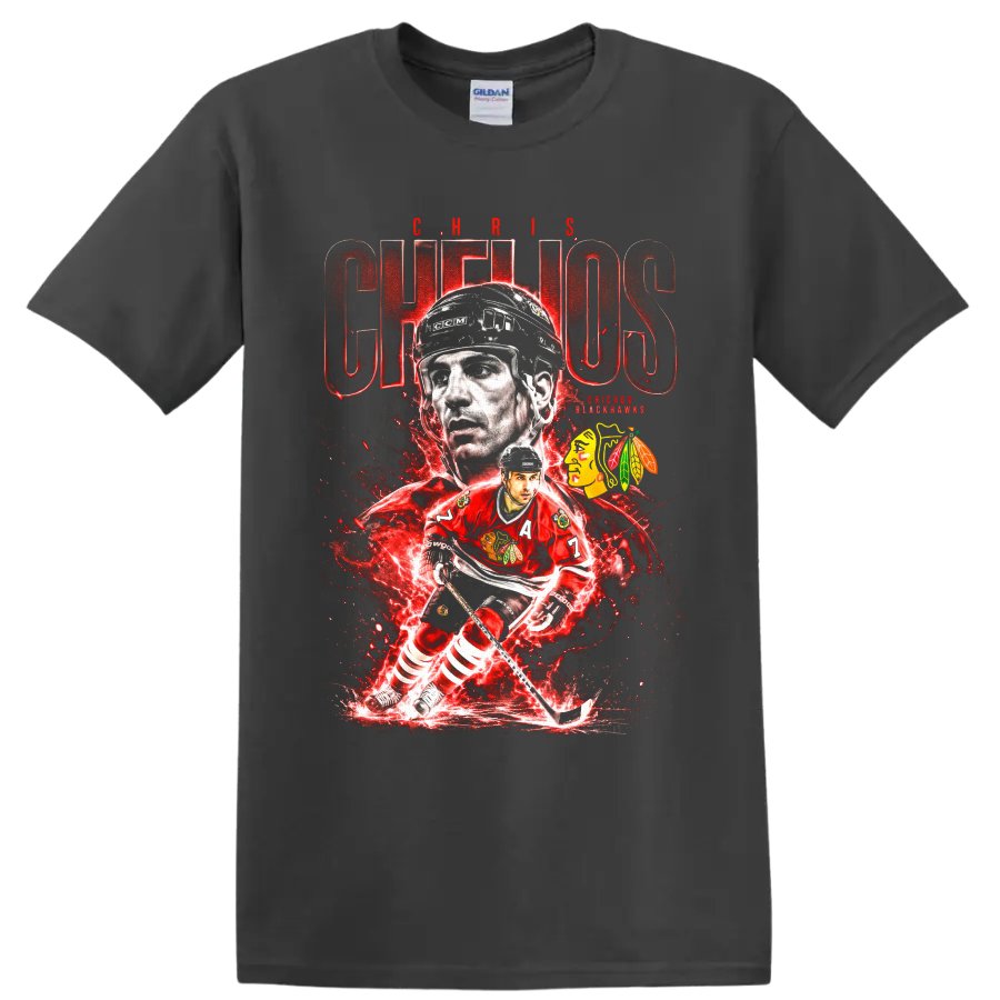 Chris Chelios Chicago Blackhawks hockey collage with red electric graphics on a Charcoal T Shirt