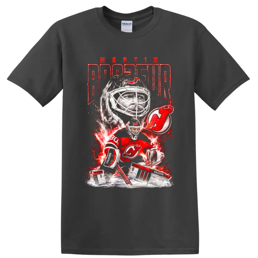 Martin Brodeur New Jersey Devils goalie graphic with red lightning and ice on a Charcoal T Shirt