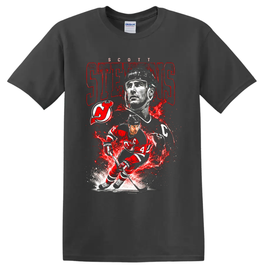 Scott Stevens New Jersey Devils hockey portrait and action graphic with team logo on a Charcoal T Shirt