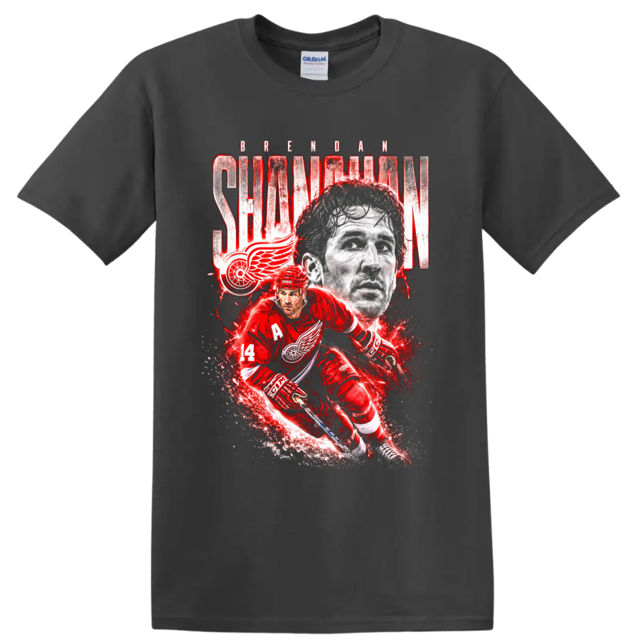 Brendan Shanahan Detroit Red Wings number 14 hockey action portrait graphic on a Charcoal T Shirt