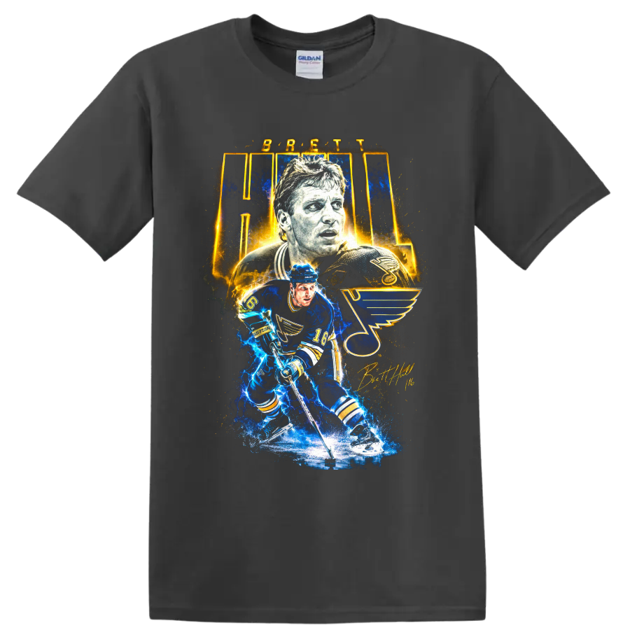 Brett Hull number 16 St. Louis Blues electric hockey tribute graphic on a Charcoal T Shirt