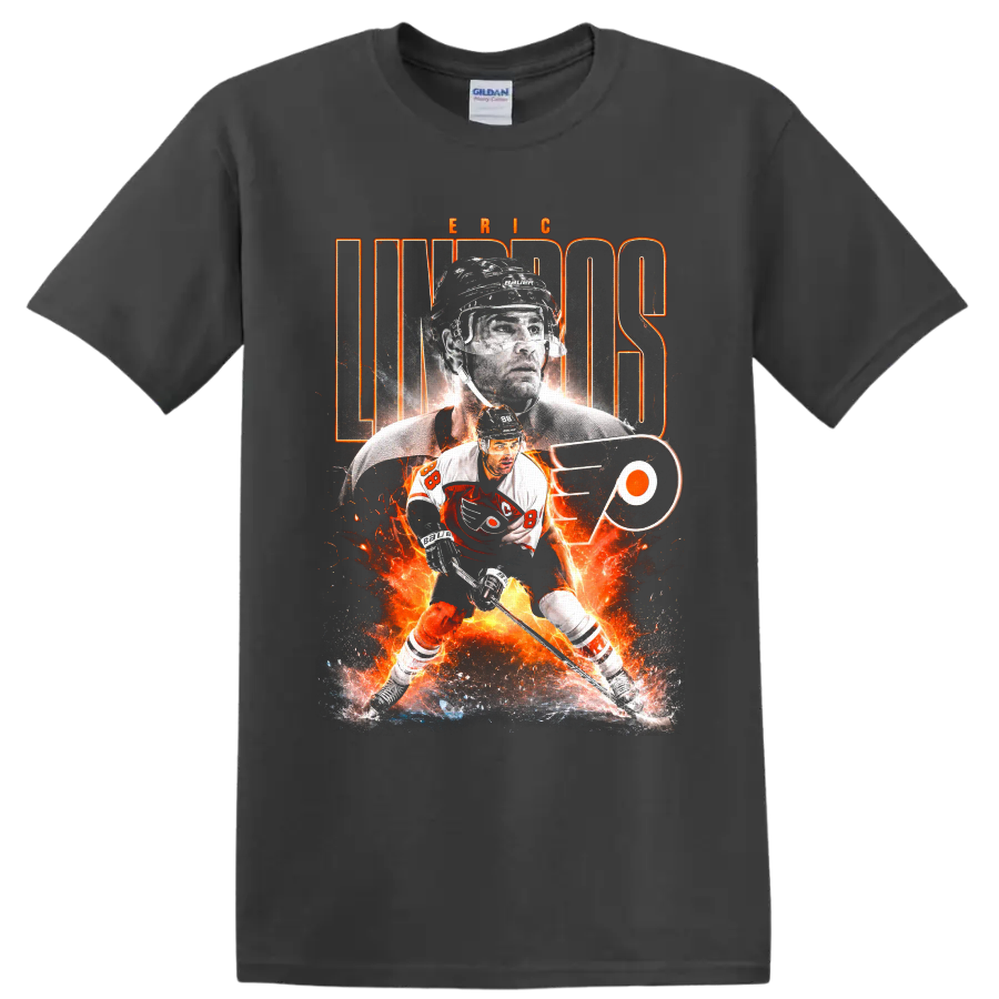 Eric Lindros Philadelphia Flyers hockey collage with fiery graphics and team logo on a Charcoal T Shirt
