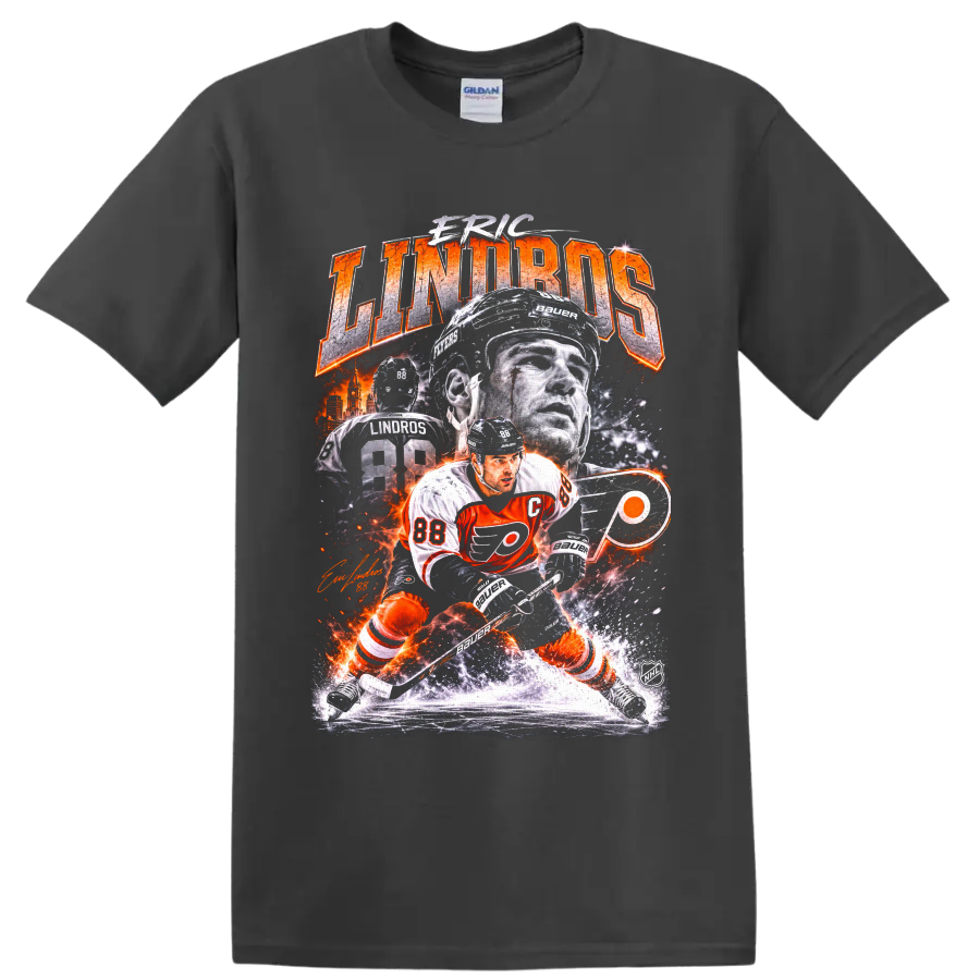Eric Lindros Philadelphia Flyers vintage hockey collage with number 88 and bold lettering on a Charcoal T Shirt