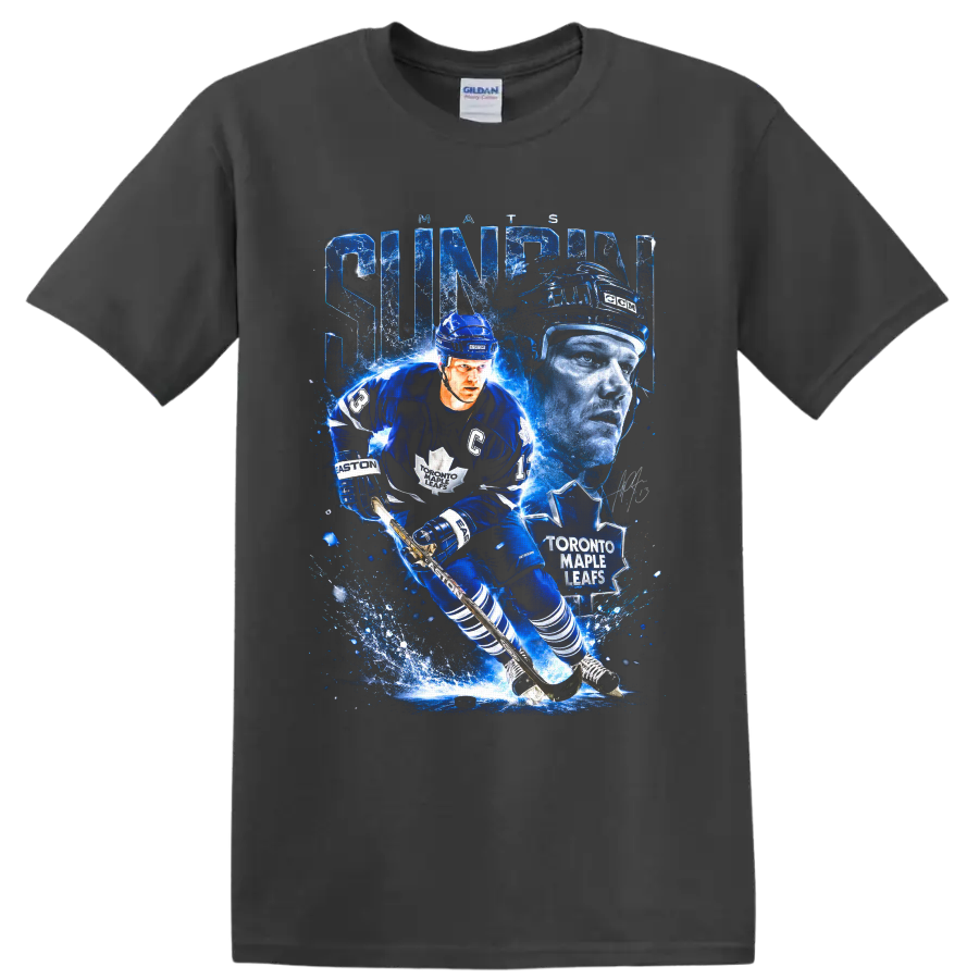 Mats Sundin Toronto Maple Leafs hockey action collage with icy blue effects on a Charcoal T Shirt