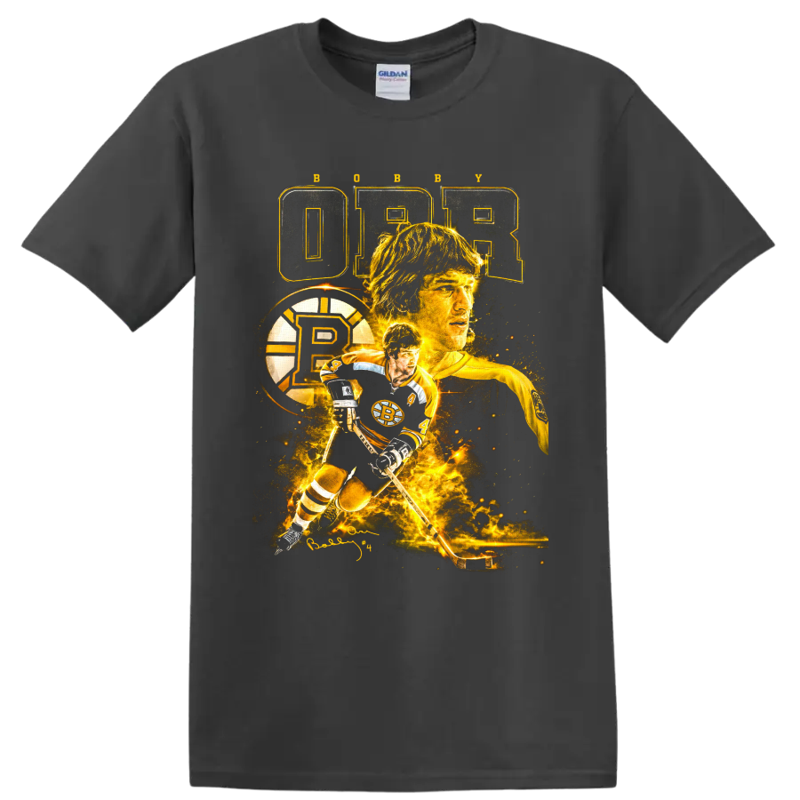 Bobby Orr Boston Bruins hockey collage with number 4, puck, action pose, and signature on a Charcoal T Shirt