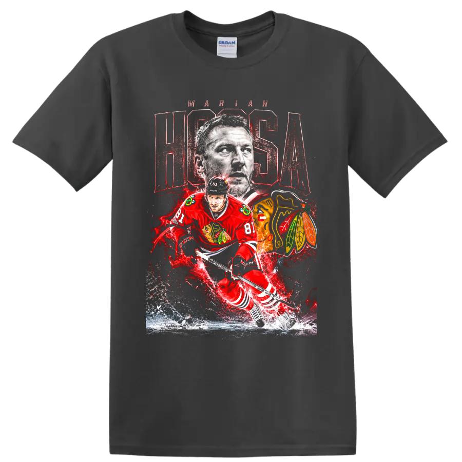 Marian Hossa Chicago Blackhawks number 81 portrait and action hockey graphic on a Charcoal T Shirt