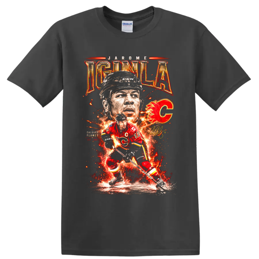 Jarome Iginla Calgary Flames fiery hockey action collage with number 12 and flaming C on a Charcoal T Shirt