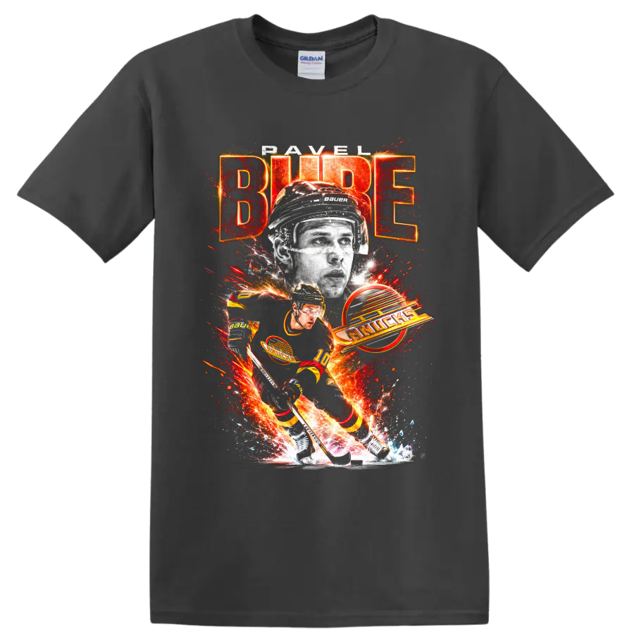 Pavel Bure Vancouver Canucks hockey action graphic with BURE and Canucks text on a Charcoal T Shirt