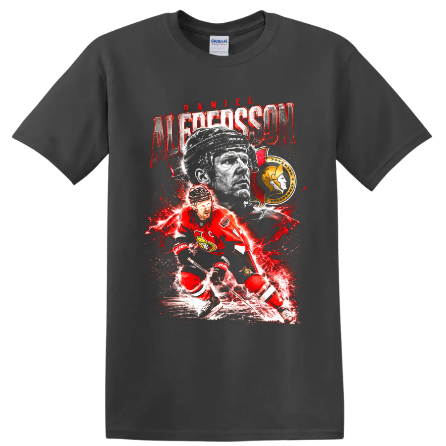 Daniel Alfredsson Ottawa Senators hockey portrait and action graphic with distressed on a Charcoal T Shirt