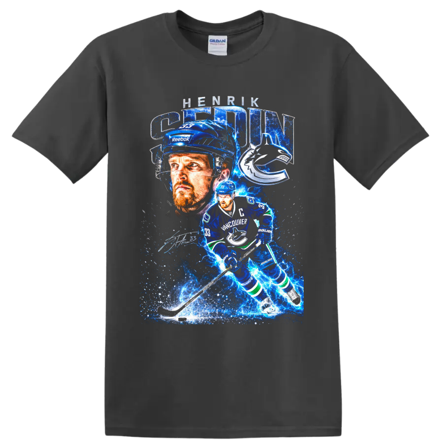 Henrik Sedin Vancouver Canucks captain electric blue hockey collage on a Charcoal T Shirt