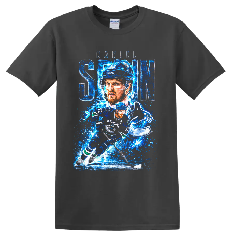Daniel Sedin Vancouver Canucks hockey action graphic with blue ice effects and number 22 on a Charcoal T Shirt