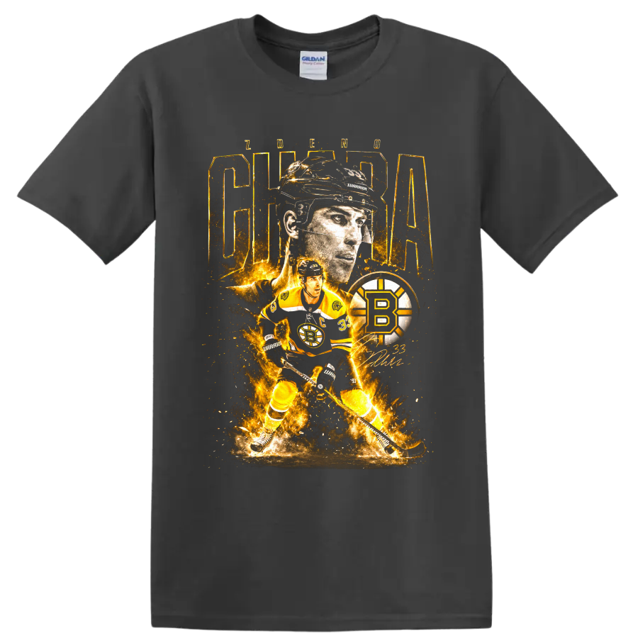 Zdeno Chara Boston Bruins fiery collage graphic with captain portrait and number 33 on a Charcoal T Shirt