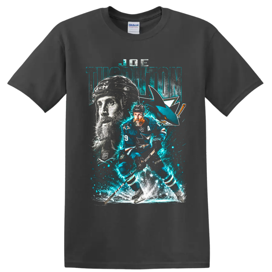 Joe Thornton San Jose Sharks hockey action collage with electric teal ice effects on a Charcoal T Shirt