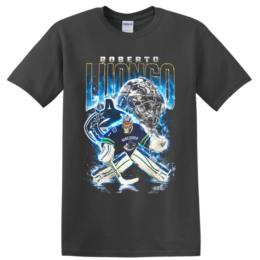 Roberto Luongo Vancouver Canucks goalie graphic with electric blue hockey artwork on a Charcoal T Shirt