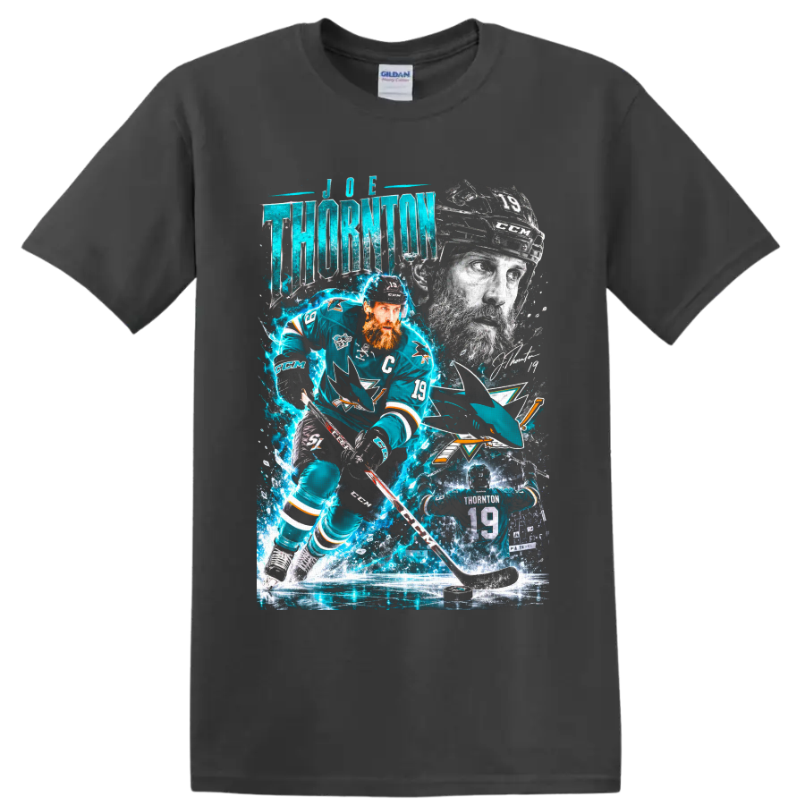 Joe Thornton San Jose Sharks hockey collage with number 19 action art and teal effects on a Charcoal T Shirt