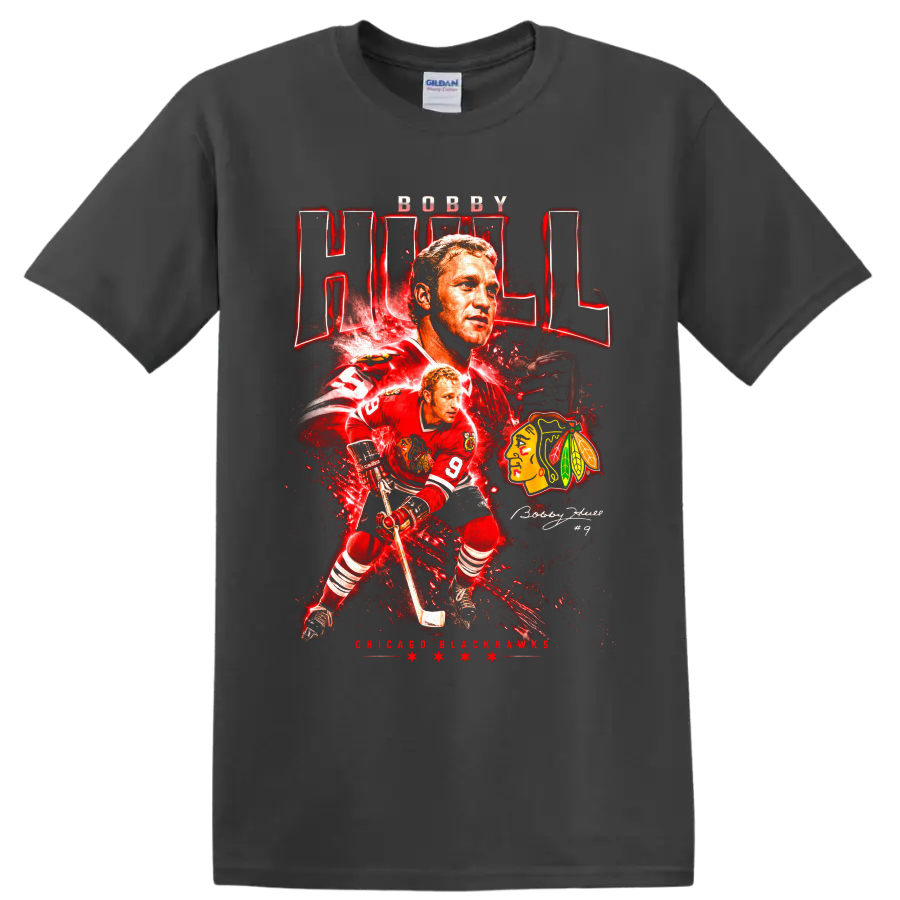 Bobby Hull Chicago Blackhawks number 9 hockey collage with red vintage graphic effects on a Charcoal T Shirt