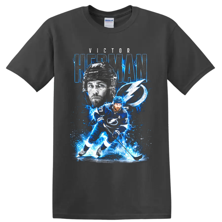 Victor Hedman Tampa Bay hockey player graphic with number 77 and electric blue lightning on a Charcoal T Shirt
