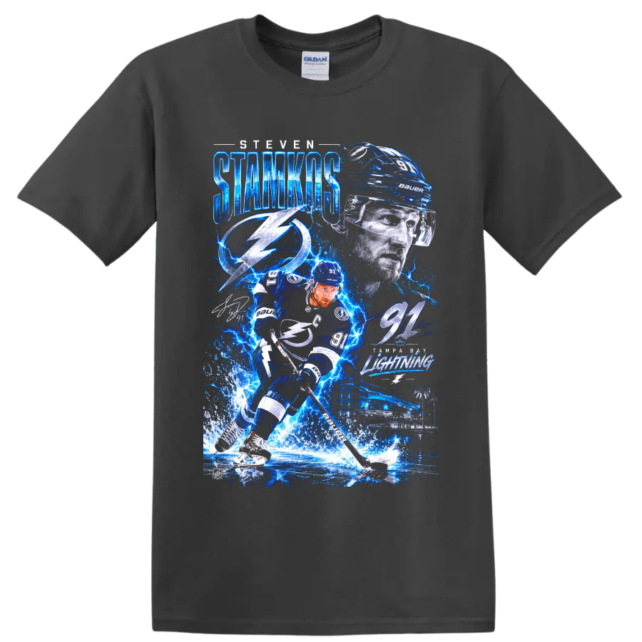 Steven Stamkos Tampa Bay Lightning number 91 electric hockey collage graphic on a Charcoal T Shirt