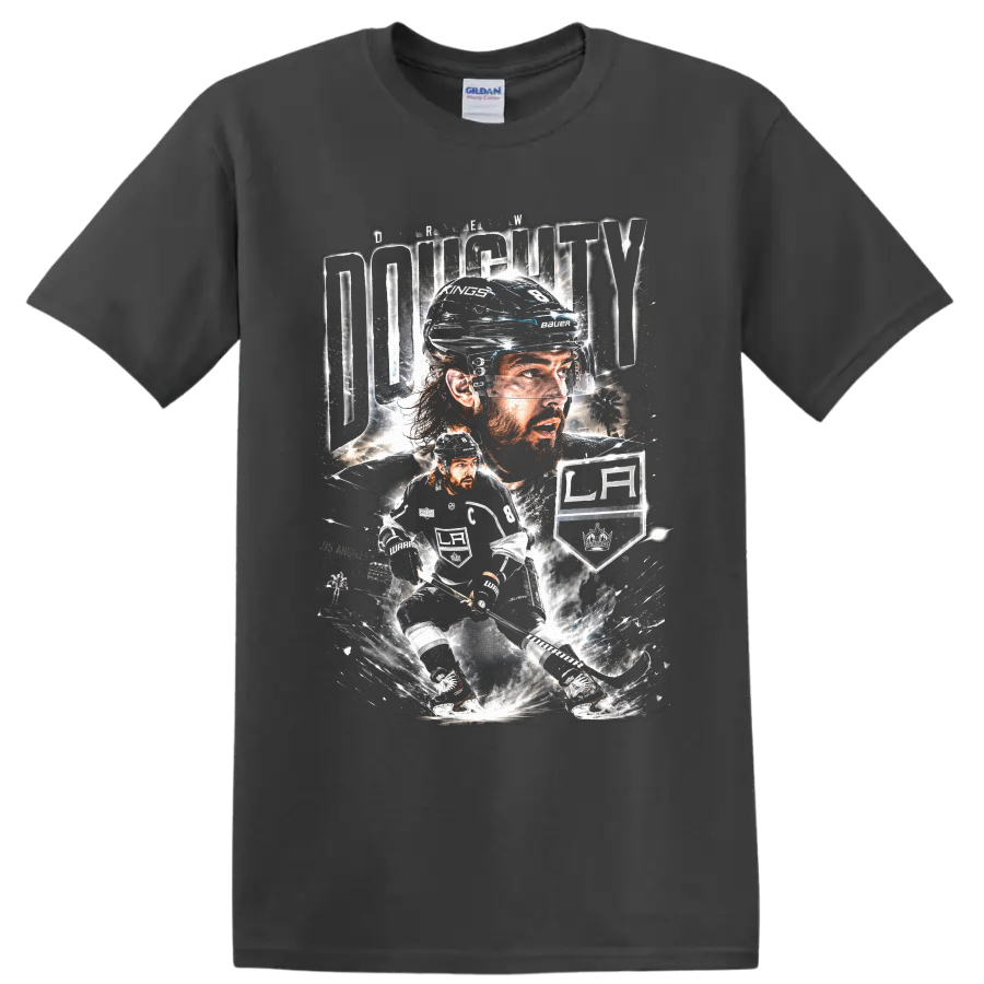Drew Doughty Los Angeles Kings hockey portrait and skating action graphic on a Charcoal T Shirt