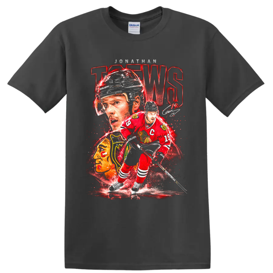 Jonathan Toews Blackhawks number 19 hockey collage with captain jersey and autograph on a Charcoal T Shirt