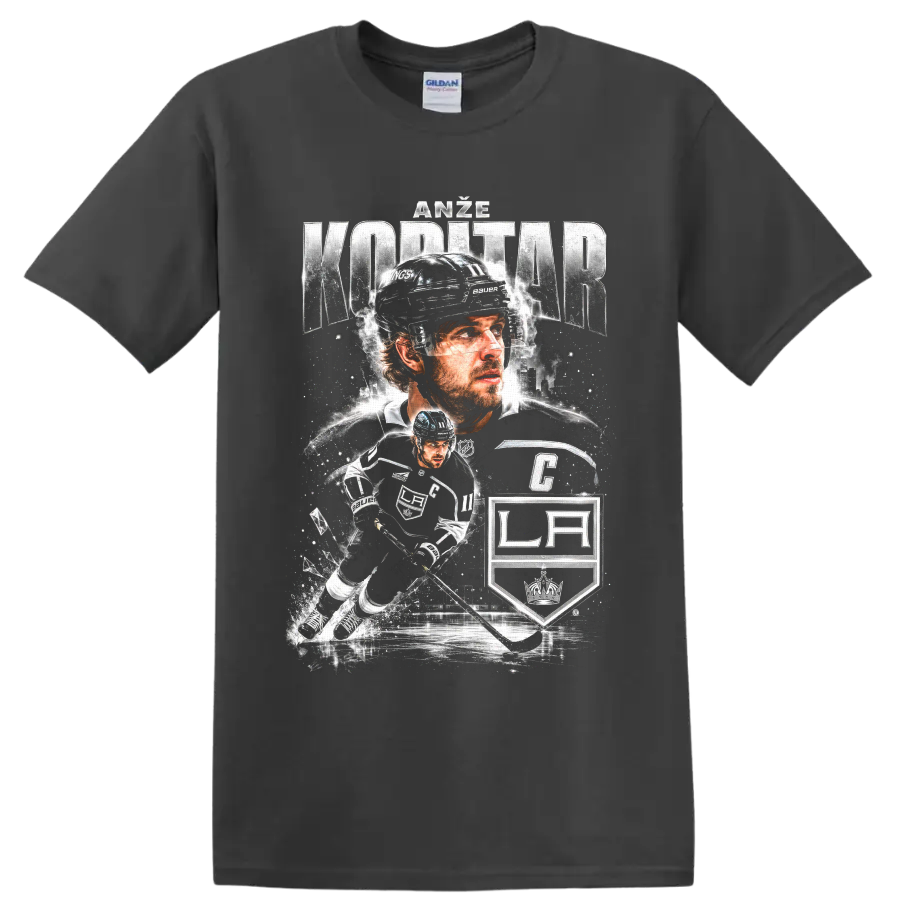 Anze Kopitar Los Angeles Kings captain hockey collage with LA shield and action art on a Charcoal T Shirt