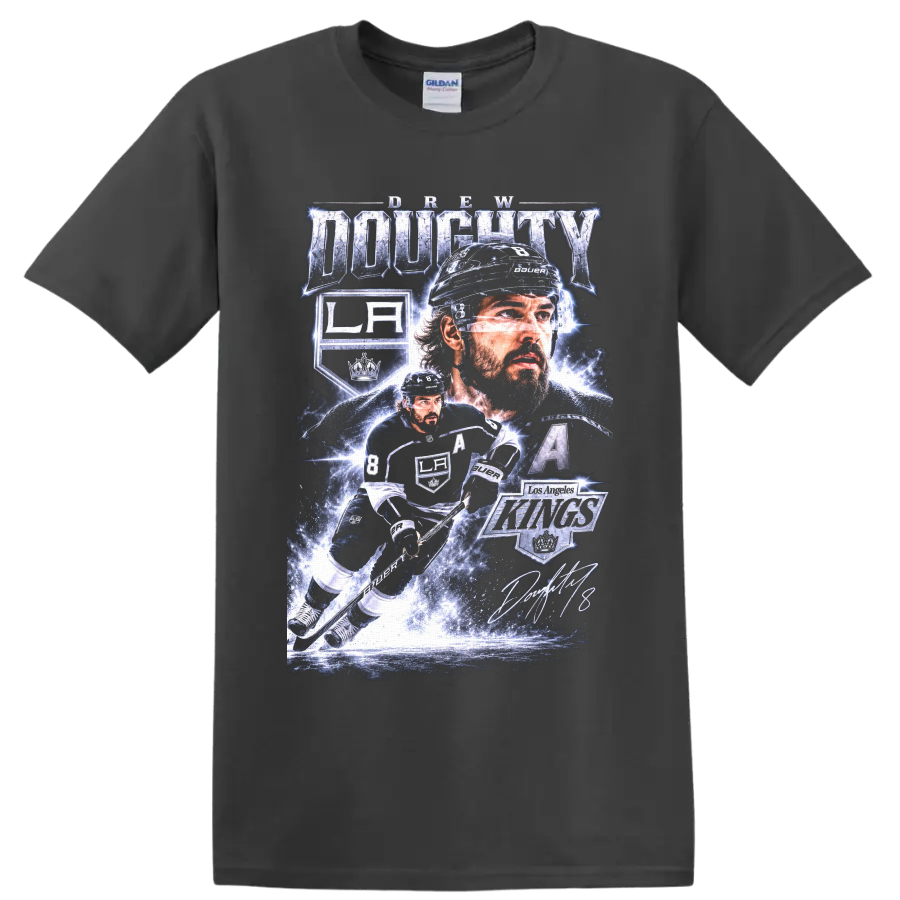 Drew Doughty Los Angeles Kings hockey action collage with number 8 and captain’s A on a Charcoal T Shirt
