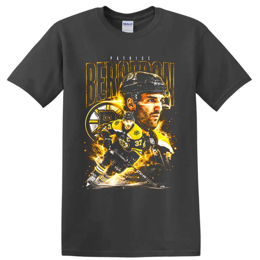 Patrice Bergeron Boston Bruins hockey player collage with gold sparks and action pose on a Charcoal T Shirt