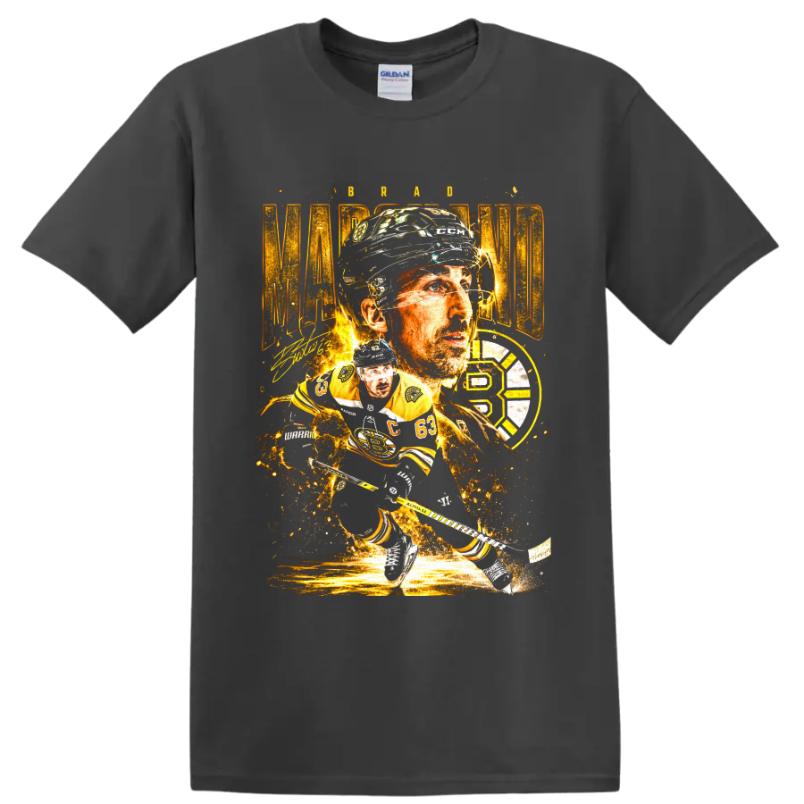 Brad Marchand number 63 hockey portrait and action collage with gold Bruins-style emblem on a Charcoal T Shirt