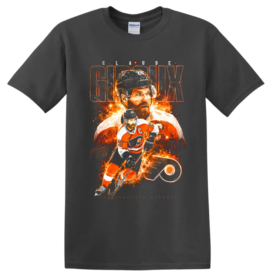 Claude Giroux Flyers hockey collage with fiery action art and Giroux lettering on a Charcoal T Shirt