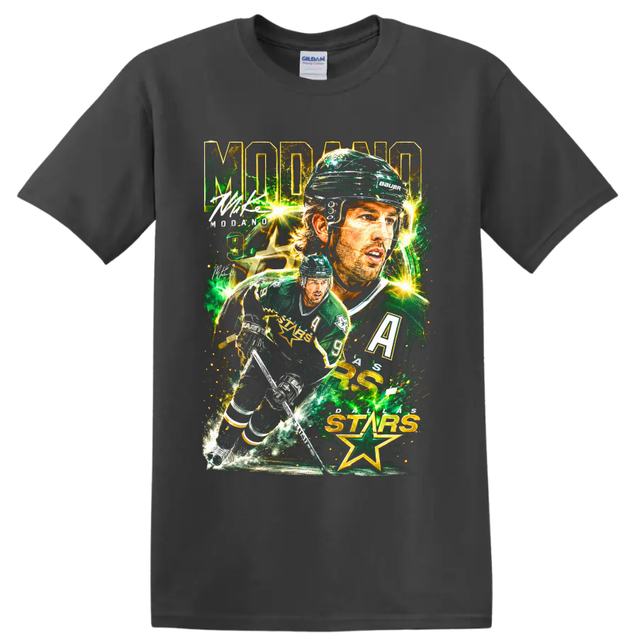 Mike Modano Dallas Stars hockey collage graphic with number 9 and star imagery on a Charcoal T Shirt