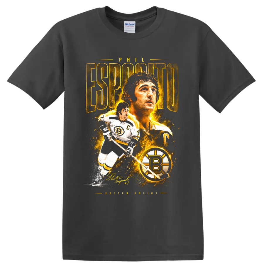 Phil Esposito Boston Bruins gold portrait and skating hockey graphic with number 7 on a Charcoal T Shirt