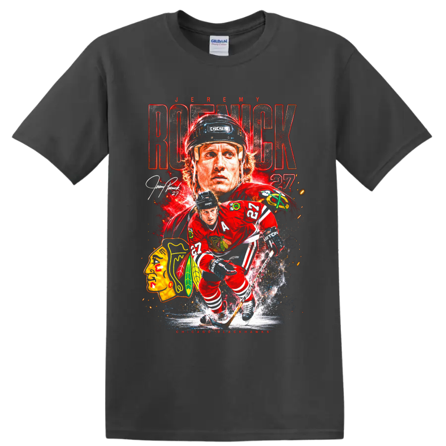 Jeremy Roenick Chicago Blackhawks hockey player collage with distressed ROENICK lettering on a Charcoal T Shirt