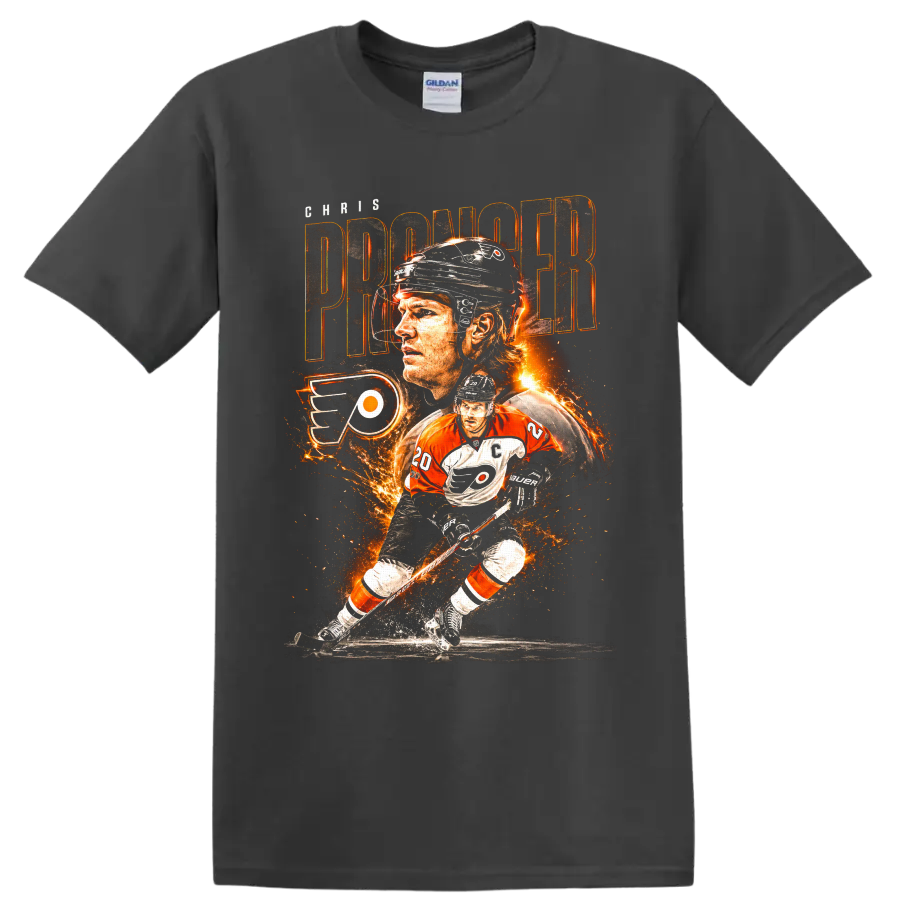 Chris Pronger Philadelphia Flyers hockey collage with fiery action artwork on a Charcoal T Shirt
