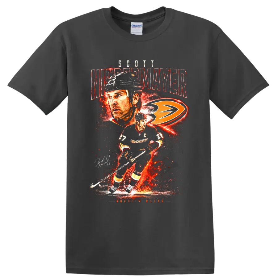 Scott Niedermayer Anaheim Ducks fiery hockey collage with captain jersey and team logo on a Charcoal T Shirt