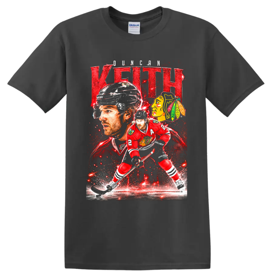 Duncan Keith Chicago Blackhawks hockey action collage with bold name text and team logo on a Charcoal T Shirt